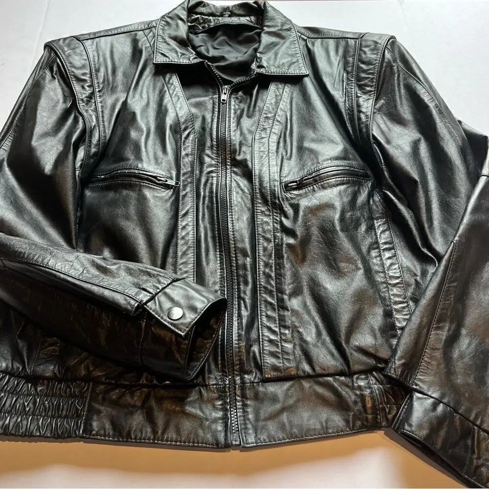 Men's Black Leather Jacket Waist Length Size 44 Bomber